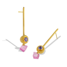 Load image into Gallery viewer, Golden spheres delicately edged with a ruff of granulation, set with glittering lavender spinel are the perfect foil for soft bi-color offset pink tourmaline cubes. Long, elegant brushed golden sticks allow the spheres and cubes to swing gently from the ear, making these earrings unique and striking. These are a one-of-a-kind piece.  Length approx. 45mm W 8.7mm (L 1.7in W .34). Made with recycled 22k yellow gold, bi-color tourmaline (4.57ctw), lavender spinel (.86ctw).