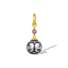 Load image into Gallery viewer, One-of-a-kind Maki-e pearl with a granulated and bejeweled cap inspired by the step pyramids of antiquity. A soft blue iolite (.22ct) compliments the abalone tiles that decorate the surface of this luminous silver 15.7mm Tahitian pearl. A 20k gold clasp is included. Length approximately 42.8mm W 15.9 mm (L 1.7in W .6in).

Made from recycled 22k yellow gold, responsibly sourced gemstones and a 15.7mm cultured Tahitian pearl. Please note that the chain is available separately.