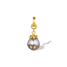 Load image into Gallery viewer, A dainty Maki-e pearl with a miniature bejeweled star cap. Deep red Anthill garnets complement the decorative 24 karat pattern painted on the lower half of the pearl, whilst the matte platinum granulation mirrors the soft silver tones in the pearl. A 20k gold clasp is included. L 28mm W 10.5 mm (L 1.1in W .41in).

Made from recycled 22k yellow gold, Fairtrade garnets from Arizona (.05ct) and a 10.1mm cultured Tahitian pearl. Please note that the chain is available separately.