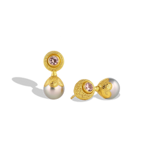 Load image into Gallery viewer, Soft silver Maki-e pearls with green undertones are topped with cushion-like granulated gold spheres set with soft Malaia garnets. While ancient in technique, granulation gives both an antique and very modern look. The soft pinkish orange garnet sparkle makes it a perfect choice for everyday wear. Length approximately 21mm W 9mm (L .8in W .4).

Made from recycled gold, Malaia garnet (.61ctw) and Tahitian Maki-e pearls.

One-of-a-kind.