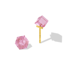 Load image into Gallery viewer, Mini tourmaline custom cut cubes are the perfect everyday pop of color. Discreet yet substantial enough to be noticed, these mini studs are striking and unique. We make these as we can find suitable cubes and as a result have only a very small number available. L 4.6mm W 4.6mm. Currently they are available in baby pink, deep pink and a bicolor mint green/baby pink.

Available as a single or pair, the listed price is for a single earring.

Made in recycled 22k yellow gold and pink tourmaline (2.64ctw).