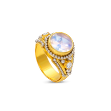 Load image into Gallery viewer, This ring truly brings together the ancient and modern worlds. This moonstone was cut in the atelier of Tom Munsteiner, renowned in the world of gem cutting. Here it is perfectly at home with the ancient art of granulation (although the granules in this ring are platinum, the ancients used gold) and classic brilliant cut accent diamonds.

Handmade using recycled 22k gold and platinum, Munsteiner moonstone (2.23ct) and Canadian diamonds VS, H (0.22ct). Size 6.5.