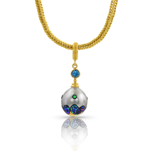 Load image into Gallery viewer, Mosaic Pearl charm shown on a handwoven gold chain.