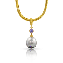 Load image into Gallery viewer, Mosaic Pearl charm shown on a handwoven gold chain.