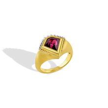 Load image into Gallery viewer, One-of-a-kind signet kite shaped ring featuring a rich and light filled Moyo Gems rhodolite garnet (1.19ct) with a beautiful deep pinkish purple glow. 

Made in recycled 22k yellow gold and platinum and a Kenyan garnet. Size 7.