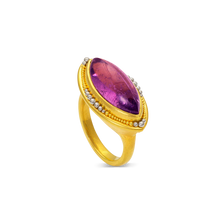 Load image into Gallery viewer, A rich, deep, purple navette shape tourmaline is surrounded by our signature graduated gold and platinum granulation.

Made in recycled 22k yellow gold and platinum and a Nigerian tourmaline (9.35ctw). Size 8. Can be resized. One-of-a-kind.