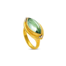 Load image into Gallery viewer, One-of-a-kind ring with an exceptional marquise shape bi-color green and white tourmaline and our signature graduated gold and platinum granulation. The polished platinum subtly highlights the darker green pointed ends of the stone, whilst the gold draws the eye to the color grading in the center.

Made in 22k yellow gold and platinum and a Nigerian tourmaline (6.77ctw). Size 7. Can be resized.