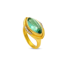 Load image into Gallery viewer, Stunning one-of-a-kind marquise shape deep blue green tourmaline edged with our signature gold and polished platinum granulation. This a beautiful gemstone, the color reminiscent of crystal-clear tropical seas surrounded by tiny sand grains of gold granulation.

Made in 22k yellow gold and platinum and a Nigerian tourmaline (5.88ctw). Size 7. Can be resized.