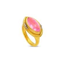 Load image into Gallery viewer, Lovely bubble gum pink marquise shape tourmaline (4.82ct) set in warm, buttery high karat gold and our signature graduated gold and platinum granulation.

Made in 22k yellow gold and platinum and a Nigerian tourmaline. Size 7. Can be resized. One-of-a-kind.