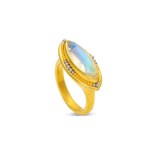 Load image into Gallery viewer, Lovely 16.5x6mm marquise rainbow moonstone surrounded our signature graduated gold and platinum granulation.

Made in 22k yellow gold and platinum and Tanzanian moonstone (3.23ctw). Size 7. Can be resized.

One-of-a-kind.