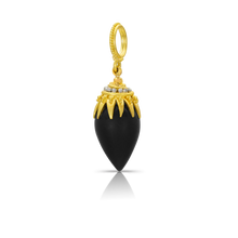 Load image into Gallery viewer, This beautiful charm is a sister to its rock crystal counterpart and is made from a matte black onyx drop enhanced with our intricately granulated signature "spider" cap, featuring both gold and platinum granulation. Wear amulet style on a leather cord by itself or on a favorite chain, nestled amongst your other charms and necklaces. W 10.8 X L 33 mm (W .43 X L 1.3 in). Also available in black Tahitian pearl.

Handmade in recycled 22k gold and platinum and black onyx (9.76ctw).