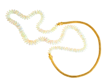 Load image into Gallery viewer, Aya necklace. Translucent opal rondelles with vivid flashes of red, orange, pink, blue and green with a woven 22k gold mesh chain set with neon pink spinel. 32" or 81cms long.