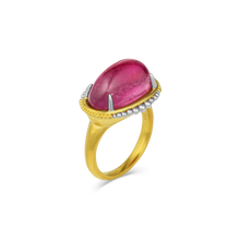 Load image into Gallery viewer, This was a stone that as soon as I saw it, I had to have it - even though I had absolutely no idea what I was going to make with it. The rich, raspberry pink tourmaline (11.79ct) and unusual cabochon lozenge shape spoke to me, and it came from Mozambique in Africa - my favorite continent for gemstones. Graduated platinum and gold granulation give a truly unique ring. One-of-a-kind.

Made in recycled 22k yellow gold and platinum and a Mozambican tourmaline. Size 7.