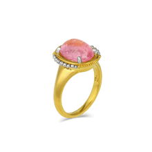 Load image into Gallery viewer, The ancient goldsmiths used granules of different sizes to paint scenes and other decorative finishes on their pieces, working gold or silver, and as far as is known, did not use the metals together. The use of platinum along with gold brings a contemporary feel to the beautiful bubble gum pink tourmaline (4.65ct) in this elegant and striking ring. One-of-a-kind.

Made in recycled 22k yellow gold and platinum and a Nigerian tourmaline. Size 7.