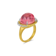 Load image into Gallery viewer, This beautiful salmon pink tourmaline (15.13ct) edged with our signature graduated gold and polished platinum granulation floating orbit-like around it, is like wearing your favorite bejeweled jelly candy, but on your hand! One-of-a-kind.

Made in recycled 22k yellow gold and platinum and a Mozambiquan tourmaline. Size 7.