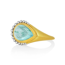 Load image into Gallery viewer, Angled side front view of the Paraiba tourmaline ring.