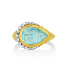 Load image into Gallery viewer, I love unusual gemstones and this one is exceptional. Mozambique produces some truly beautiful gemstones, and this Paraiba tourmaline is such a one. Look closely to see the fine copper needles almost floating in a lagoon blue sea; this stone is for a true gem lover. The shape of the stone meant that it just had to be a signet ring, oversize graduated platinum granulation emphasizes the rounded pear, while the gold granules delineate the elegant point. A statement or a signet ring, either way it is stunning.