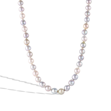 Load image into Gallery viewer, Multi-colored Akoya pearls with a slight graduation combine in this gorgeous contemporary strand fastened with our signature granulated Shepherd's hook clasp. Length 17 inches.

Made with recycled 22k yellow gold and 6-8.5mm cultured Japanese Akoya pearls. Knotted on silk.

