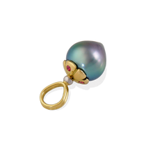 Load image into Gallery viewer, The daintiest of silver teardrops, gorgeous pink and blue overtones - this is a truly charming (no pun intended) pearl. A delicate polished golden flower cap holds hot pink spinel on alternating petals. It's versatile! Length approx. 20mm, width 9.5mm (L .8in W .4in). Made from recycled 18k gold, a 9.5x9.9mm cultured Tahitian pearl and Burmese spinel (.05ct). The chain is available separately.