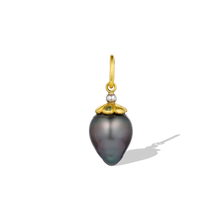 Load image into Gallery viewer, A dainty gold gem set daisy shaped cap sits atop a pear-shaped peacock Tahitian pearl. Sparkling diamond, green tsavorite and purple grape garnets alternate on the petals, complimenting the pearl's mysterious colors. A single, oversize, polished platinum granule holds the bail. Length approx. 24.9mm, width 9.9mm (L 1in W .4in). One-of-a-kind. Made from recycled 22k gold and platinum, a 9.9x11mm cultured Tahitian pearl, Canadian diamonds, Kenyan and Indian (Odisha) garnets (.05 total carat weight). 