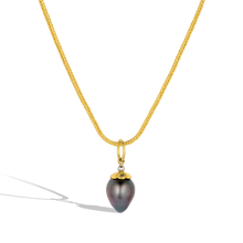 Load image into Gallery viewer, The Peacock Tahitian pearl charm shown on a handwoven gold chain, which is available separately.