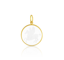 Load image into Gallery viewer, One-of-a-kind hand carved rock crystal charm depicting Pegasus the winged horse. This carving was inspired by the images struck on the famed Pegasus silver staters of Corinth. Legend tells us that Bellepheron, who became king of Corinth, tamed Pegasus with the help of a golden bridle given to him by Athena, hence Pegasus appears on many of the coins of Corinth. Made in recycled 22k yellow gold and Ataléia rock crystal from Brazil. L 30 mm W 21 mm (L 1.2 in W .8 in). 22k chain is available separately.