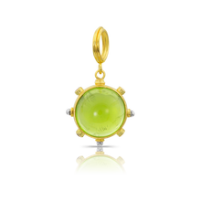 Load image into Gallery viewer, Glowing green peridot is the star of this "mine" shaped charm, highlighted by oversize platinum granules interspersed with neon pink spinel. Wear as a pendant or slide on to one of our leather wraps, mix and match to create your own story. (Black &amp; red intarsia leather wrap and additional charms sold separately.)

Handmade using recycled 22k gold and platinum, a Pakistani peridot (8.01ct) and Burmese spinel (.1ct). Length approximately 26mm, W 15mm (L 1.02in W .6 in).

One-of-a-kind.