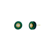 Load image into Gallery viewer, I have just two pairs of these stalactite slices and decided to set this pair with sparkling diamonds ringed with granulation in rich, buttery high karat gold to highlight the green glittery shimmer. These little color bursts are truly versatile, they go with everything and everyone. Length approximately 10mm, width 10mm (L .4in W .4in)

Made from recycled 18k and 22k yellow gold, malachite stalactites from Guandong, China (10.51ctw) and Canadian diamonds (VS G-H, .13ctw).

One-of-two-of-a-kind.