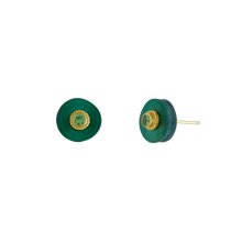 Load image into Gallery viewer, I have just two pairs of these stalactite slices and decided to set this pair with lime green tsavorite garnets ringed with granulation in rich, buttery high karat gold to highlight the green glittery shimmer. These little color bursts are truly versatile; they go with everything and everyone. Length approximately 10mm, width 10mm (L .4in W .4in)

Made from recycled 18k and 22k yellow gold, malachite stalactites from Guandong, China (12.09ctw) and Kenyan tsavorite (.30ctw).

One-of-two-of-a-kind.