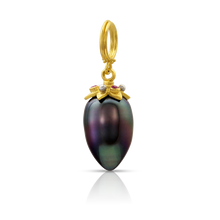 Load image into Gallery viewer, Beautiful, glossy semi–Baroque pointed drop Tahitian pearl with purple, green and brown tones. Topped by star caps in buttery 22k gold, with oversize platinum granules and deep pink spinels.

Handmade using recycled metals, Burmese spinel and cultured Tahitian pearls. Length approximately 27mm, width 10mm (L 1.1in W .4in).

One-of-a-kind.