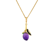 Load image into Gallery viewer, This exquisitely hand carved amethyst plum has a moveable diamond veined leaf and bud and green tsavorite garnet (representing growth and renewal). Length approximately 53mm, width 10.89 (L 2in W .4in)

Made from recycled 22k gold, a hand carved amethyst plum (9.33ctw), diamonds (.10ctw) and tsavorite garnet (.12ctw). The chain is available separately.

One-of-a-kind.