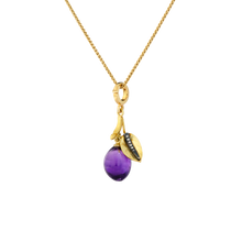 Load image into Gallery viewer, This exquisitely hand carved amethyst plum has a moveable diamond veined leaf and bud and green tsavorite garnet (representing growth and renewal). An opening/closing clasp is included. Length approximately 53mm, width 10.89 (L 2in W .4in)

Made from recycled 22k gold, a hand carved amethyst plum (9.33ctw), diamonds (.10ctw) and tsavorite garnet (.12ctw). The chain is available separately.

One-of-a-kind.