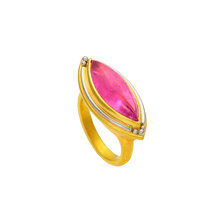 Load image into Gallery viewer, One-of-a-kind ring featuring a deep pink marquise shape cabochon tourmaline highlighted by polished platinum. This is the larger of the two rings in this style and the east west measurement is 27mm. Made in 22k yellow gold and platinum and a Nigerian tourmaline(5.83ct). Size 7. Can be resized.