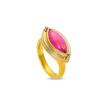 Load image into Gallery viewer, This is the second and smaller of two rings in this style, featuring a deep pink marquise shape cabochon tourmaline surrounded by polished platinum. The east west measurement is 21mm.

Made in 22k yellow gold and platinum and a Nigerian tourmaline (2.99ctw). Size 6.5. Can be resized. One-of-two-of-a-kind.