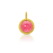 Load image into Gallery viewer, Inspired by both the original Etruscan and Castellani jewels, this charm features a salmon pink round rhodochrosite extensively decorated with gold granulation. The rhodochrosite is of exceptional quality and comes from the Bolivia-Argentina border area.

Handmade using recycled 22k yellow gold and rhodochrosite (10.56ctw). Length approximately 25mm, width 17mm (L .98in W .7 in).

One-of-a-kind.
