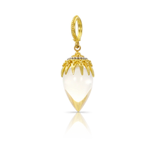 Load image into Gallery viewer, This beautiful charm is made from a rock crystal drop from Ataléia in Brazil, noted for the fineness and clarity of its stone, enhanced by our intricately granulated signature "spider" cap, featuring both gold and platinum granulation. Wear amulet style on a leather cord or on a favorite chain, with other charms and necklaces. W 11 X L 32 mm (W .43 X L 1.25 in). Also available in black onyx and black Tahitian pearl.

Handmade in recycled 22k gold and platinum and Brazilian rock crystal (9.98ctw).