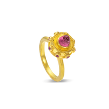 Load image into Gallery viewer, This charming ring is like a dainty bejeweled sphere, with a lovely central high dome bullet style richly colored pink tourmaline, with delicious purple grape garnets and golden granulation orbiting around it like tiny colorful moons.

Made in recycled 22k yellow gold, Mozambiquan tourmaline (.98ctw) and garnets from Orissa, India (.15ctw). Size 6.5. Can be resized.
