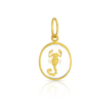 Load image into Gallery viewer, Hand carved and gilded rock crystal amulet charm depicting a scorpion inspired by the renowned Signet Ring of Horemheb, a Pharaoh of Egypt's 18th Dynasty. His solid gold signet ring is renown. It is especially known for the four-sided rectangular rotating bezel, one side engraved with a scorpion. The scorpion inspired the one depicted on this charm. Made in recycled 22k yellow gold and Ataléia rock crystal from Brazil. L 22 mm W 13 mm (L .87 in W .51 in). Chain is available separately.