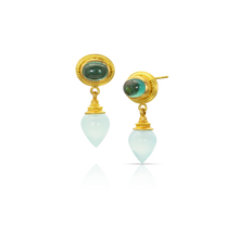 Load image into Gallery viewer, This amphora has intense seafoam tourmalines and delicate hand carved pale green agate set in warm, buttery gold. Our signature graduated granulation edges both the tourmalines and the agates, providing subtle details and a beautiful blend of ancient and modern. Wear with your favorite tee, a crisp button down or dress. 

Made from recycled gold, Brazilian tourmaline (3.15ct) and German (11.54ct) agate. Length approximately 29 mm or 1.14 in.

One-of-to-of-a-kind.