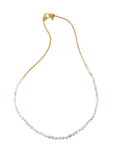 Load image into Gallery viewer, Multi-colored Akoya pearls are combined east-west style with our hand woven single loop-in-loop Athena chain, fastened with our signature S clasp. Length 19 inches. If you would like a different length, please contact us at concierge@atelierwolff.com and we would love to make your strand up for you.

Made with recycled 22k yellow gold and cultured 3-4.5mm Japanese Akoya pearls. Knotted on silk.