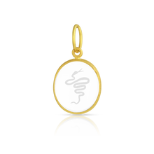 Load image into Gallery viewer, This dainty hand carved rock crystal amulet charm depicts a snake, in turn inspired by the crawling snake found on the reverse of an ancient Greek rock crystal scarab signet ring from the Archaic period 600-500 BC. The rock crystal comes from Ataléia in Brazil and is noted for its exceptional clarity. Made in recycled 22k yellow gold and hand carved rock crystal. L 22 mm W 13 mm (L .87 in W .51 in). Note that the chain is available separately.

One-of-a-kind.