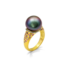 Load image into Gallery viewer, A moody iridescent purple toned Tahitian pearl is encircled by a collar of softly polished platinum granulation. Lavender and purple toned Malawi sapphires and purplish red Anthill garnets continue the moody theme and complement the pearl's subtle iridescence.

One-of-a-kind.