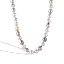 Load image into Gallery viewer, Soft pistachio Tahitian and pastel Akoya pearls combine in this beautiful one-of-a-kind pearl strand. An antique clasp sprinkled with glowing blue green tourmalines (0.15ct) compliment the pearls' pistachio and soft silvery grey and blue tones. 

Length 16 inches.
Made with recycled 22k yellow gold, cultured 8x10mm Tahitian and Japanese Akoya pearls and responsibly sourced gemstones. Knotted on silk. Pendant is available separately.