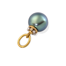 Load image into Gallery viewer, A miniature crown of gold and polished platinum "jewels" adorns this perfect egg-shaped shimmering silvery green pearl. Wear with your favorite chain and other charms or by itself for a regal look. Lovely with a fitted tee or crisp button down or favorite dress. Length approximately 23mm, width 11.8mm (L .91in W .5in).

Made from recycled 22k gold and platinum and a 11.8x11mm cultured Tahitian pearl. The chain is available separately.