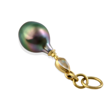 Load image into Gallery viewer, With its long, delicate neck, this silver pearl with the palest pastel pink and blue overtones simply had to join our growing collection of perfumer's flasks. A lovely pear-shaped rainbow moonstone made the perfect bejeweled top. This is a bit of a showstopper to wear as well, so bring out your favorite delicate chain! Length approx.  39mm, width 10.7mm (L 1.5in W .4in). Made from recycled 18k gold, a 15.7 x 10.7mm cultured Tahitian pearl and Tanzanian moonstone (.27ctw). Chain is available separately.