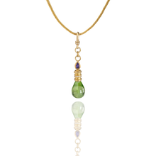 Load image into Gallery viewer, The peridot Perfumer's flask shown on a handwoven chain. 