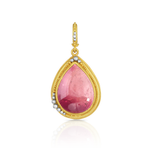 Load image into Gallery viewer, Inspired by both the original Etruscan and Castellani jewels, this pear-shaped tourmaline, with colors of blush pink through soft apricot, is edged with our signature graduated gold and platinum granulation.

Handmade in recycled 22k yellow gold and platinum and a Nigerian tourmaline (9.39ctw). Length approximately 33mm, width 17mm (L 1.3in W .67in). The chain is not included.

One-of-a-kind.