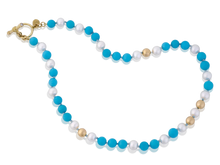 Load image into Gallery viewer, Robin's egg blue turquoise from the fabled Sleeping Beauty mine in Globe, Arizona, strung alongside glowing white pearls interspersed with round gold beads are reminiscent of breezy summer days on Capri surrounded by azure seas. This choker style necklace converts to a double stranded bracelet (size 7). Length 14 inches. Made with recycled 18k yellow gold, Sleeping Beauty turquoise (34ct), 6mm cultured freshwater pearls and Canadian diamonds (VS F .06ctw). Knotted on silk.