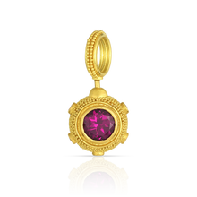 Load image into Gallery viewer, View of the Velvet Swivel Mine charm from the back, showing the flat set rhodolite garnet. 