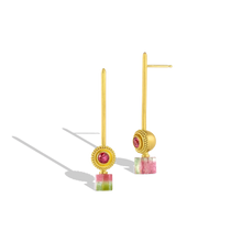 Load image into Gallery viewer, Golden spheres edged with a ruff of granulation and set with sparkling hot pink spinel beautifully compliment the bright watermelon cubes. Summer for your ears! Long, elegant brushed golden sticks allow the spheres and cubes to swing gently from the ear, with a "barely there" feeling. Length approximately 44.4mm W 9mm (L 1.7in W .35in). Pair it with our Watermelon Lozenge ring.

Made with recycled 22k yellow gold, Burmese spinel (.55ctw) and watermelon tourmaline (6.3ctw).

One-of-a-kind.